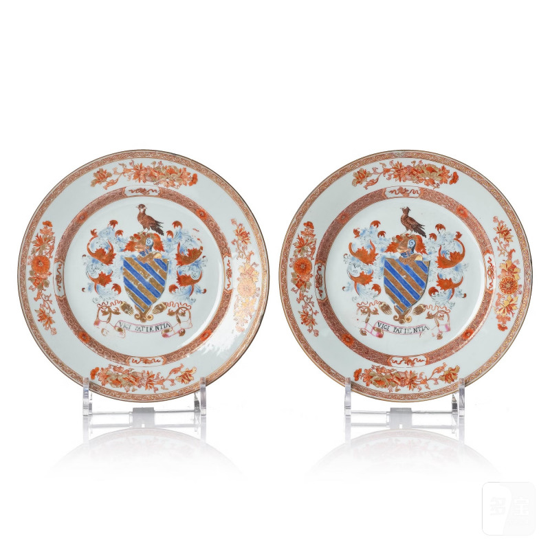 A pair of iron red decorated armorial dishes,